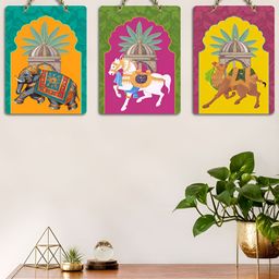 ArtVibes Yellow & Green 3 Pieces Kalamkari Art Printed Wooden Hanging Wall Arts-image-15