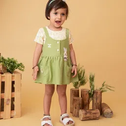 Babys Day Infant Girls Printed Cotton Dungaree With Top & Brief-image-40