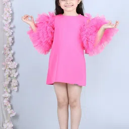 THE LITTLE CELEBS Girls Flared Sleeve Crepe A-Line Mini Dress-picture-4