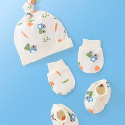 Babyoye 100% Cotton With Eco Jiva Finish Car Printed  Cap Mitten & Booties Multicolour- Diameter 10 cm-image-13