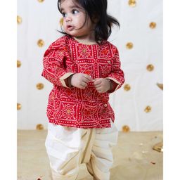 Tiber Taber  Full Sleeves Bandhani Design & Lace Embellished Kurta With Coordinating Dhoti Set - Red-image-16