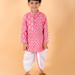 MoMaa Pure Cotton  Full Sleeves Jaipuri Ethnic Motif Printed Kurta With Coordinating Dhoti Set - Pink-picture-11