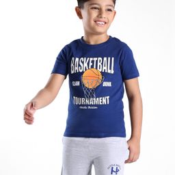 Honeyhap Premium 100% Cotton Half Sleeves  T-Shirt & Shorts Set with Bio Finish Text Print - Navy Blue & Grey-image-82