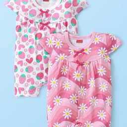 Babyhug 100% Cotton Knit Cap Sleeves Rompers Floral & Fruity Print Pack of 2 - Multicolour-image-80