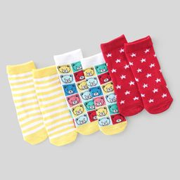 Cute Walk By Babyhug Non Terry Knit Anti-Bacterial Ankle Length Socks Stripes & Bear Design Pack Of 3 - White Red & Yellow-image-92