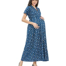 Lovely Mom's  Half Sleeves Abstract Printed A Line Long Dress With Concealed Zipper Nursing Access - Blue-image-34