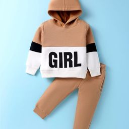 Pepito Fleece Knit Full Sleeves Winter Wear Hooded Sweatshirt & Lounge Pant Set With Text Print - Light Brown & White-image-41