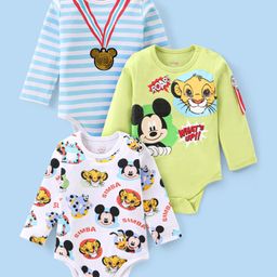 Babyhug Disney Interlock Knit Full Sleeves Onesies With Mickey Mouse Graphics Pack of 3 - Blue Green & White-image-78