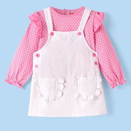 Babyhug Cotton Woven Full Sleeves Polka Dots Printed Top with Frock - White & Pink-image-88