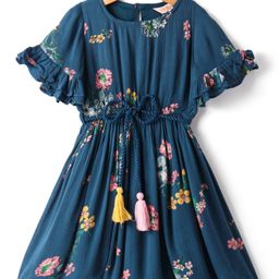 Lil Drama Cotton Short Sleeve Stylish Printed Dress - Teal Blue-image-77