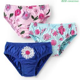 Babyoye Cotton Elastane Knit Panties With Floral Print Pack Of 3 - Pink Light Blue & Navy Blue-image-97