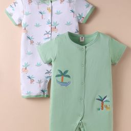 ToffyHouse Cotton Knit Half Sleeves Rompers with Trees & Animal Print & Embroidery Pack of 2 - White & Earthen Green-image-11