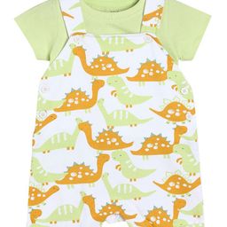 MINI KLUB Cotton Half Sleeves Solid Tee & Dinosaur Printed Dungaree Set - White & Green-image-33