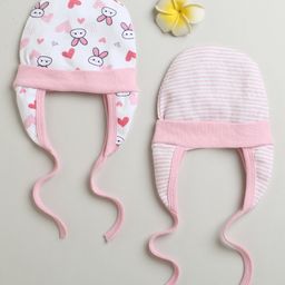 BUMZEE Cotton Pack Of 2 Striped & Bunnies Printed Tying Caps With Ear Flaps - Baby Pink & White-image-58