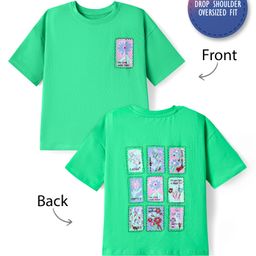 Primo Gino Cotton Knit Half Drop Shoulder Sleeves Oversized T-Shirt with Front & Back Floral Print - Green-image-32