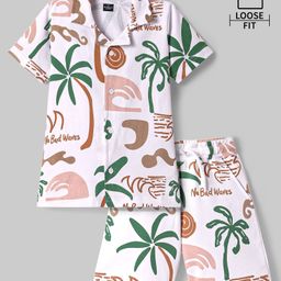 OLLINGTON ST. Cotton Knit Half Sleeves Shirt & Shorts Co-ord Set with Beach Theme Print - White & Green-image-87