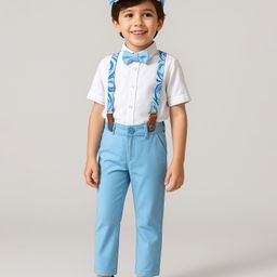 Babyhug Knit Full Sleeves Solid Color Shirt & Trouser with Bow & Suspender Cap - Light Blue & White-image-21