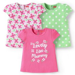 Babyhug Cotton Knit Half Sleeves T-Shirts With Polka Dot & Floral Print Pack Of 3 - Pink & Light Green-image-111