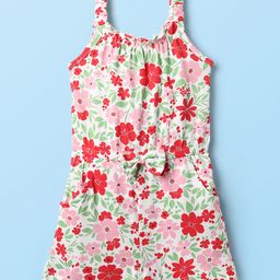 Babyhug Cotton Knit Sleeveless Jumpsuit With Floral Print & Bow Applique - White-image-15