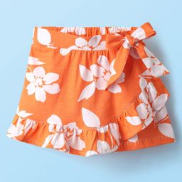 Honeyhap Premium 100% Cotton Knit With Bio Finish Above Knee Length Skort With Floral Print - Orange-image-66