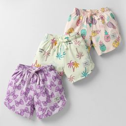 CUCUMBER Sinker Knit Above Knee Length Tropical Theme & Bow Printed Shorts Pack of 3 - Lilac Baby Pink & Green-image-18