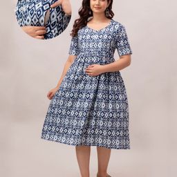 CeleBravo Pure Cotton Half Sleeves Ikat Printed Maternity Dress With Nursing Access - Blue-image-4