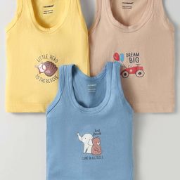 CUCUMBER Sinker Knit Sleeveless Vests With Animal Print Pack Of 3 - Yellow Light Blue & Tan-23