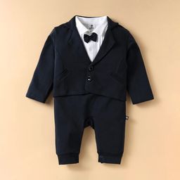 Mini Taurus Interlock Knit Full Sleeves Solid Color Party Romper with Blazer - Navy Blue-image-99