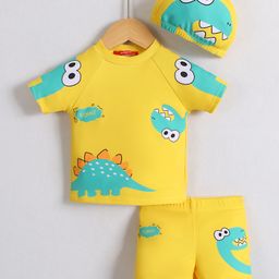 Babyhug Half Raglan Sleeves Two Piece Swimsuit With Dino Print & Cap - Yellow-image-39