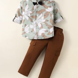 Rikidoos Cotton Full Sleeves Floral Printed Shirt With Pant & Bow Set - Pista Green & Brown-image-75
