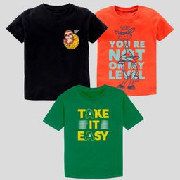 KAVEE Pure Cotton Pack Of 3 Half Sleeves Animals & Take It Easy Text Printed Tees - Orange Green & Black-picture-10