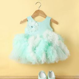 Enfance Sleeveless Floral Applique Textured Knee Length Dress With Headband & Booties Set - Sea Green-image-75