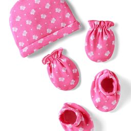 Babyhug 100% Cotton Knit Cap Mittens & Booties With Butterfly Print Pink - Circumference 30 cm-picture-34