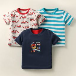 Kidi Wav Cotton Pack Of 3 Half Sleeves Constructive Vehicles & Striped Tees - Multi Colour-image-88
