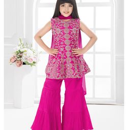 Tiny Kingdom Woven Sleeveless Floral Embroidered Sequins Embellished Kurta Sharara With Dupatta - Pink-image-25