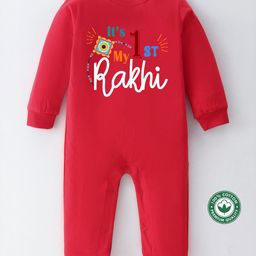 BLUSHES 100% Cotton Knit Raksha Bandhan Theme Full Sleeves Its My 1st Rakhi Text Printed Romper - Red-image-13