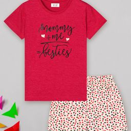 Sheer Love Cotton Jersey Knit Half Sleeves Mommy Me Besties Text Printed Night Suit Set - Red-image-97
