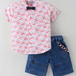 Dapper Dudes Half Sleeves Smiley Printed & Bow Applique Detailed Shirt & Shorts With Suspender Set - Peach-picture-20