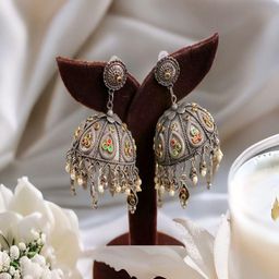 Sangria Silver-Plated Oxidised Artificial Stones Studde & Beaded Dome Shaped Jhumka-96