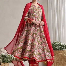 Khushal K Floral Printed Notch Neck Anarkali Kurta With Palazzos & Dupatta-image-47