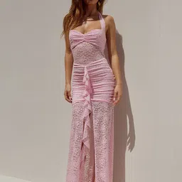 MIAKEE Women Self Design Ruffles Ruched Halter Neck Maxi Dress-image-6