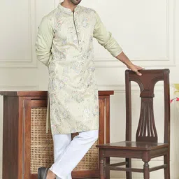 Anouk Pista Green Floral Embroidered Mandarin Collar Straight Kurta With Pyjamas-image-12