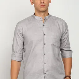ELLIPSE Men Solid Mandarin Collar Linen Casual Shirt-picture-42