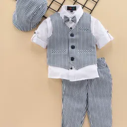 Robo Fry Full Sleeves 3 Piece Striped Party Suit with Cap - White Blue-image-36