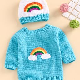 USHA ENTERPRISES Crochet Rainbow Full Sleeves Sweater With Cap - Blue-image-10