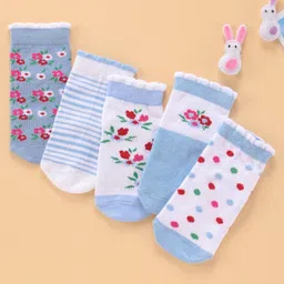 Cute Walk by Babyhug Ankle Length Antibacterial Socks Floral Design Pack of 5 - Blue-picture-47