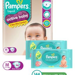 Pampers Active Baby Taped Diapers, Medium size diapers, (MD) 90 count, taped style custom fit & Pampers Baby Gentle wet wipes with Aloe, 144 count, 97 Pure Water-image-23