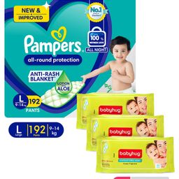 Pampers All round Protection Pants Aloe Vera With Lotion Large Size Baby Diapers - 192 Pieces & Babyhug Premium Baby Wipes - 80 Pieces - (Pack of 3)-image-14