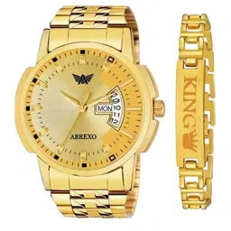 Abrexo Men Embellished Dial & Stainless Steel Bracelet Style Straps Analogue Watch Abx8478-Gold plus Gold-20