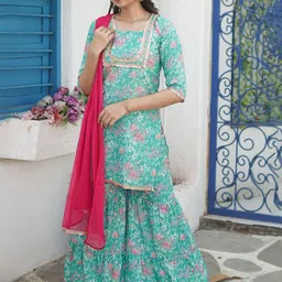 GO BOUJEE Women Floral Printed Regular Linen Kurta with Palazzos & With Dupatta-image-85